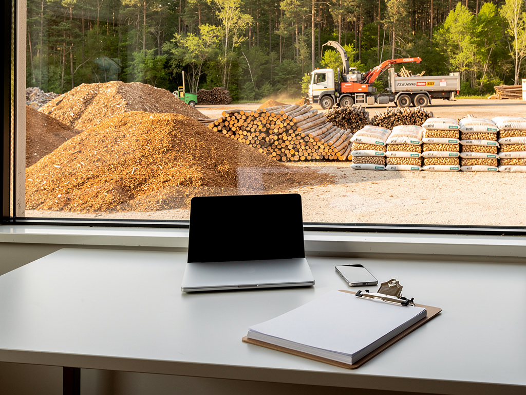 A simple yard office desk with a laptop, a phone and a clipboard, with wood chip piles visible through the window.