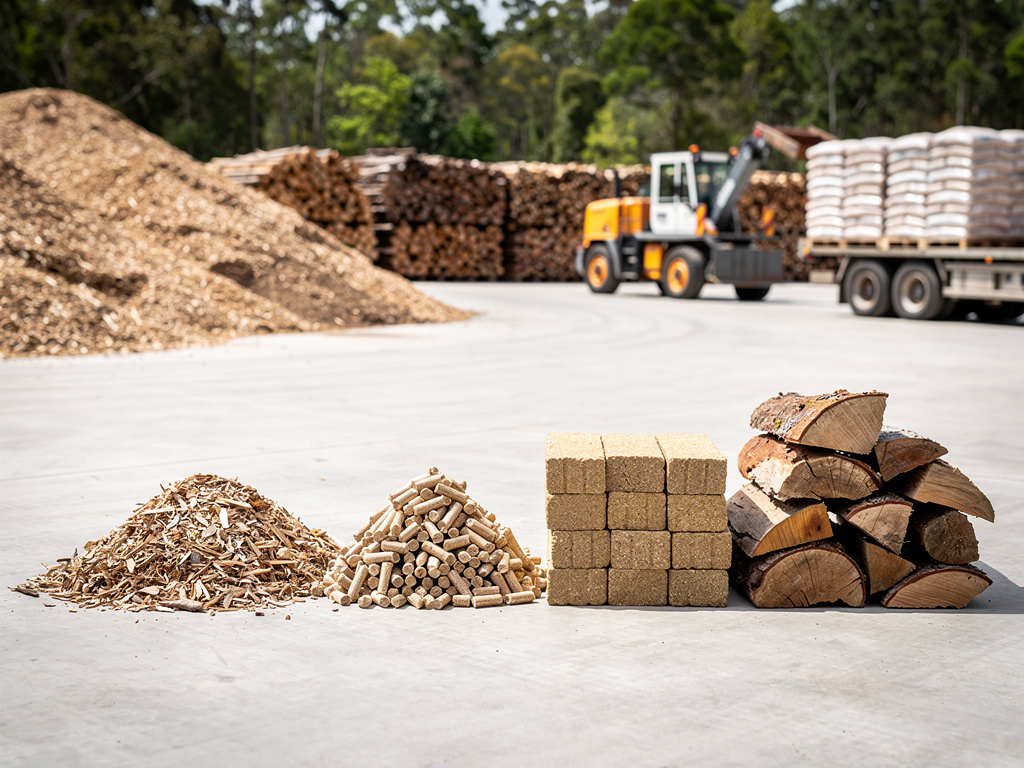 Four neat piles side by side on a concrete floor: wood chips, pellets, briquettes and split firewood.