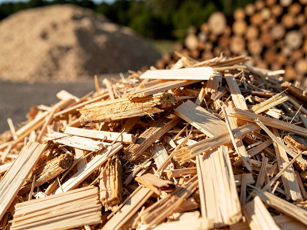 Close-up of fresh pale wood chips with visible grain and texture in warm sunlight.
