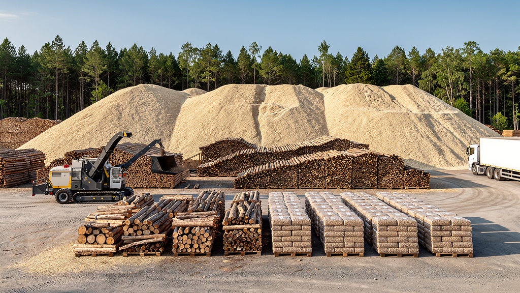 A wide view of a sunlit storage yard with tall mounds of pale wood chips and neat stacks of reforestation firewood under