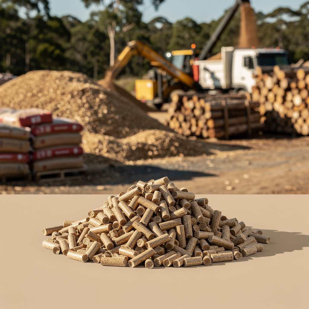 A neat heap of light brown wood pellets on a clean beige surface, unbranded.